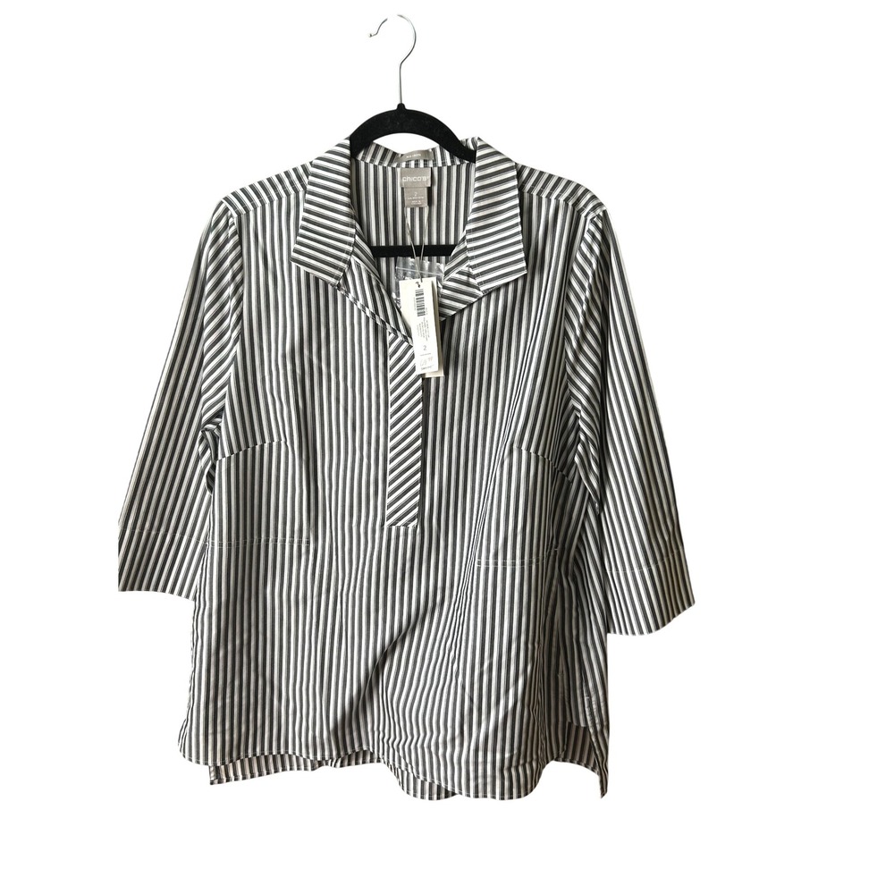 NWT Chico's Women's No Iron Tunic Top Shirt‎ Striped 3/4 Sleeve Collared Blk/Wht